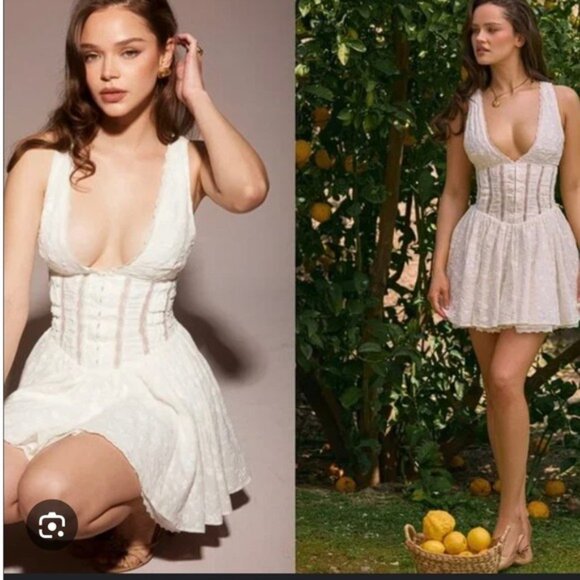 House of CB Sarita White Floral Cotton Broderie Plunge Corset Mini Medium - Picture 2 of 10